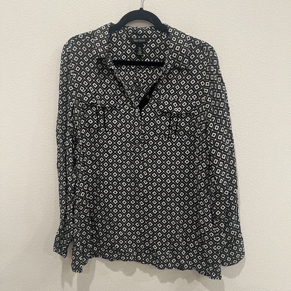 White House Black Market Long Sleeve 100 % Silk Shirt Women WhiteBlack Sz 14